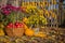 Autumn composition with chrysanthemum flowers, pumpkins, apples in a wicker basket, ceramic pots