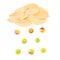 Autumn composition. Cloud made of autumn fall leaves and drops of apple fruits on white background. Flat lay, top view