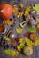 Autumn composition of colorful foliage, berries, pumpkin cupcakes, grapes, tea with sea buckthorn on a wooden background