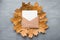 Autumn composition. Craft envelope. card mockup with autumn marple leaves. Flat lay, top view, copy space