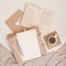 Autumn composition. Cup of coffee, book, blanket, notebook, women fashion sweater. Flat lay, top view, copy space