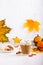 Autumn composition with cup of hot drink, delicious apple strudel   and colorful fall leaves on white background. Copy space.