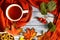 Autumn composition, a cup of hot tea, a warm terracotta scarf, fallen leaves, hawthorn berries and drying on the background of a