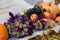 autumn composition fruit pumpkin flowers on the background of yellow leaves