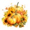 autumn composition with harvest, with pumpkins and sunflower flowers in vintage style