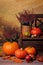 Autumn composition with orange pumpkins and heather.