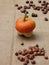 Autumn composition with pumpkin, hazelnuts and chestnuts on jute fabric background