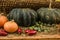 Autumn composition with pumpkins. autumn cozy still life. pumpkins, autumn leaves.