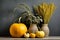 Autumn composition of pumpkins and spikelets in vases on gray concrete background. Generative AI