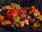 Autumn composition, Thanksgiving or Halloween concept, still life with fruits, pumpkin, vegetables, bountiful harvest
