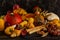 Autumn composition, Thanksgiving or Halloween concept, still life with fruits, pumpkin, vegetables, bountiful harvest