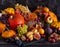 Autumn composition, Thanksgiving or Halloween concept, still life with fruits, pumpkin, vegetables, bountiful harvest