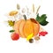 Autumn composition of watercolor illustrations of pumpkin, viburnum, apple, spikelets, walnut, mushroom, leaves on a