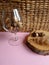 autumn composition. wine glass, wine corks, acorns, wooden slice