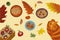 Autumn composition yellow red green leaves blueberry pie apple box ginger cat apple pie cozy atmosphere top view