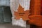 Autumn concept. Fall maple leaf with text AUTUMN MOOD on cozy warm sweater. Knitted woolen and mohair sweaters. Hygge