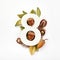 Autumn concept. Number eight shape with autumn leaves, acorns and fearhers. Nature concept. Flat lay. Top view