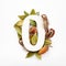 Autumn concept. Number zero shape with autumn leaves, acorns and fearhers. Nature concept. Flat lay. Top view