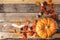 Autumn concept. Pumpkin, acorns, yellow leaves, cinnamon on a dark background