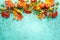 Autumn concept with pumpkins, flowers, autumn leaves and rowan berries on a turquoise background. Festive autumn decor, flat lay