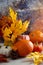 Autumn copmosition with pumpkins and colorful leaves, pine cones