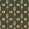 Autumn Corn plant, crop and pumpkins on dark green background seamless repeating vector pattern. Fall harvesting. For