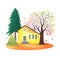 Autumn countryside. Illustration with rustic house, seasonal trees, fall leaves.