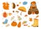 Autumn cozy vector illustration set. Cute cartoon fall sticker with squirrel, hedgehog, sweet girl with hot tea, yellow
