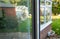 Autumn crane fly on a window with an English back garden behind