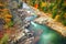 Autumn creek woods and rocks in forest mountain.