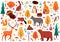 Autumn cute animals. Wild hand drawn bear raccoon fox and deer characters, woodland birds and animals isolated vector