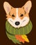 Autumn cute illustration, corgi dog with green scarf