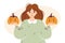 Autumn cute lady with pumpkin. Woman holding pumpkins. Cozy fall vector illustration for Happy Thanksgiving or Halloween. Harvest