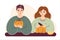 Autumn cute lady with pumpkin. Woman and man sitting and cutting pumpkins. Cozy fall vector illustration for Happy Thanksgiving or