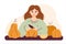 Autumn cute lady with pumpkin. Woman sitting and cutting  pumpkins. Cozy fall vector illustration for Happy Thanksgiving or