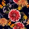 Autumn dahlia, chrisantemium flowers, herbs and berries seamless pattern.