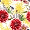 Autumn dahlia, chrysanthemum flowers, herbs and berries seamless pattern. White background.