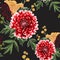 Autumn dahlia flowers, herbs and yellow mushrooms seamless pattern.