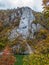 Autumn at the Danube Gorges and Decebal king Head sculpted in rock