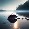 Autumn Dark Leaves Floating On Water With Mysterious Foggy Background