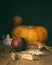 Autumn dark still life with pumpkins, red apple, garlic, leaf, s