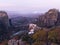 Autumn dawn in Meteora: mountains, valleys and famous monasteries. Greece.