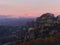 Autumn dawn in Meteora: mountains, valleys and famous monasteries. Greece.