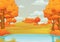 Autumn day background. Lake or river with orange bushes and trees.