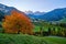 Autumn daybreak Santa Magdalena famous Italy Dolomites village view in front of the Geisler or Odle Dolomites mountain rocks.