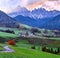 Autumn daybreak Santa Magdalena famous Italy Dolomites village view in front of the Geisler or Odle Dolomites mountain rocks