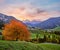 Autumn daybreak Santa Magdalena famous Italy Dolomites village view in front of the Geisler or Odle Dolomites mountain rocks.