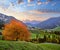 Autumn daybreak Santa Magdalena famous Italy Dolomites village view in front of the Geisler or Odle Dolomites mountain rocks.