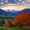 Autumn daybreak Santa Magdalena famous Italy Dolomites village view in front of the Geisler or Odle Dolomites mountain rocks.