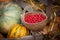 Autumn decor in the garden. Pumpkins, vegetable marrow  and red mini apples lying in wooden box on autumn background.  Autumn time